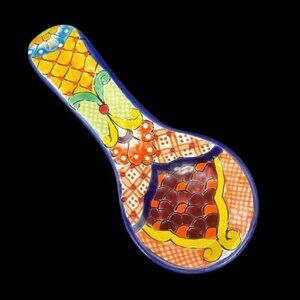 Vintage Handmade Mexican Talavera Folk Art Ceramic Spoon Rest